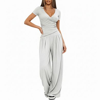 Women's Two Piece Sets Wrap V Neck Short Sleeve Tops Wide Leg Pants Matching Casual Sweatsuit Set