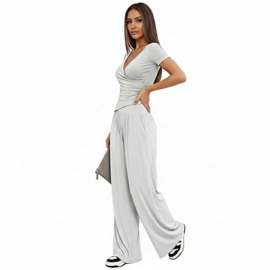 Women's Two Piece Sets Wrap V Neck Short Sleeve Tops Wide Leg Pants Matching Casual Sweatsuit Set