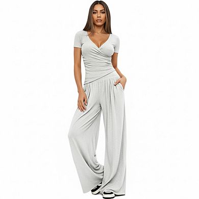 Women's Two Piece Sets Wrap V Neck Short Sleeve Tops Wide Leg Pants Matching Casual Sweatsuit Set