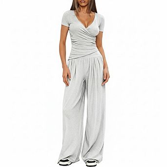 Women's Two Piece Sets Wrap V Neck Short Sleeve Tops Wide Leg Pants Matching Casual Sweatsuit Set