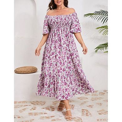 Women's Plus Size Floral Print Tie Front Square Neck Trumpet Sleeve Ruffle Midi Dress