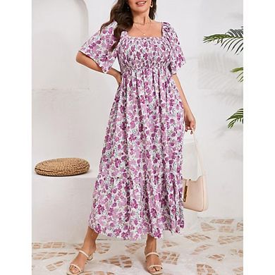 Women's Plus Size Floral Print Tie Front Square Neck Trumpet Sleeve Ruffle Midi Dress