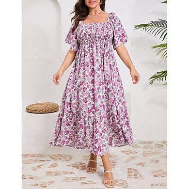Women's Plus Size Floral Print Tie Front Square Neck Trumpet Sleeve Ruffle Midi Dress