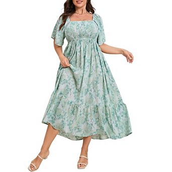 Women's Plus Size Floral Print Tie Front Square Neck Trumpet Sleeve Ruffle Midi Dress