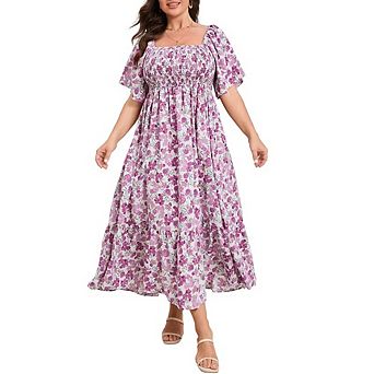 Women's Plus Size Floral Print Tie Front Square Neck Trumpet Sleeve Ruffle Midi Dress