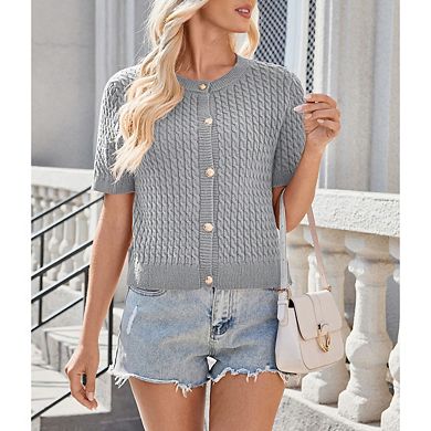 Women's Short Sleeve Cover-Up Ribbed Knit Button Front Sweater