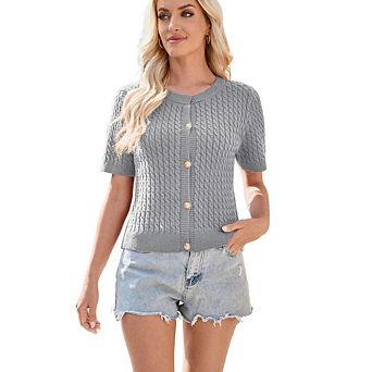 Women's Short Sleeve Cover-Up Ribbed Knit Button Front Sweater