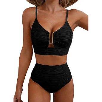 Women's Two Piece Bikini Set U-Wire Cutout Swimsuit High Waisted Textured Beach Bathing Suits