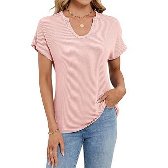 Womens Tops Dressy Casual V Neck Short Sleeve Beach Vacation Outfits Loose Textured Tunic Shirt