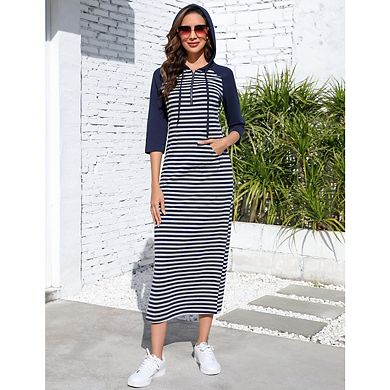 Women Casual Pocket Quarter-Zip Neck 3/4 Sleeve Slim Split Pullover Hoodie Maxi Dress