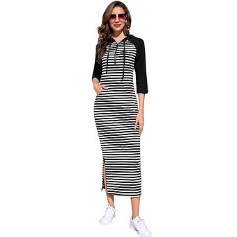 Women Casual Pocket Quarter-Zip Neck 3/4 Sleeve Slim Split Pullover Hoodie Maxi Dress