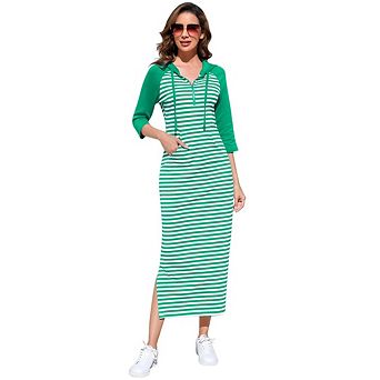 Women Casual Pocket Quarter-Zip Neck 3/4 Sleeve Slim Split Pullover Hoodie Maxi Dress