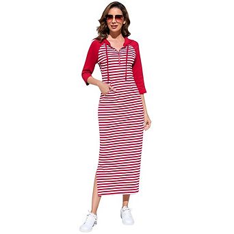 Women Casual Pocket Quarter-Zip Neck 3/4 Sleeve Slim Split Pullover Hoodie Maxi Dress