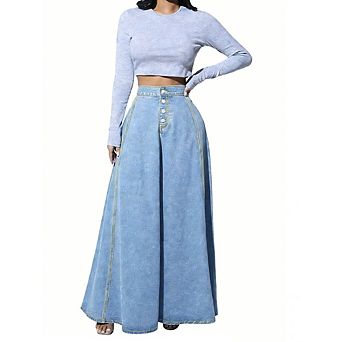 Women's High Waist Denim Maxi Skirt Y2K Button Front A-Line Flare Washed Denim Casual Street Wear