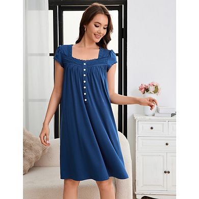 Women's Long Half Open Neck Nightgown Short Sleeve Lace Nightwear Button Down Nightgown with Pockets
