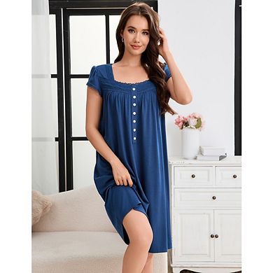 Women's Long Half Open Neck Nightgown Short Sleeve Lace Nightwear Button Down Nightgown with Pockets