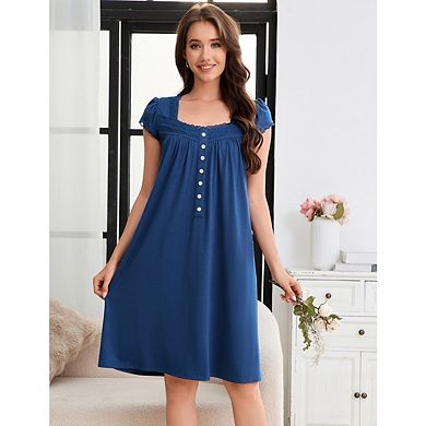 Women's Long Half Open Neck Nightgown Short Sleeve Lace Nightwear Button Down Nightgown with Pockets