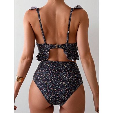 Women's High Waist Bikini Sets Ditsy Floral Printed Two Piece Swimsuit Adjustable Strap Bathing Suit