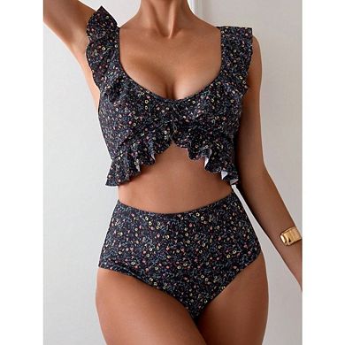Women's High Waist Bikini Sets Ditsy Floral Printed Two Piece Swimsuit Adjustable Strap Bathing Suit