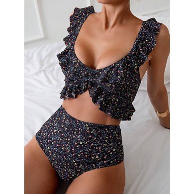 Women's High Waist Bikini Sets Ditsy Floral Printed Two Piece Swimsuit Adjustable Strap Bathing Suit
