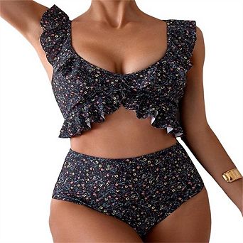 Women's High Waist Bikini Sets Ditsy Floral Printed Two Piece Swimsuit Adjustable Strap Bathing Suit