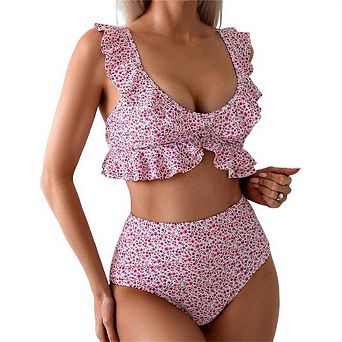 Women's High Waist Bikini Sets Ditsy Floral Printed Two Piece Swimsuit Adjustable Strap Bathing Suit
