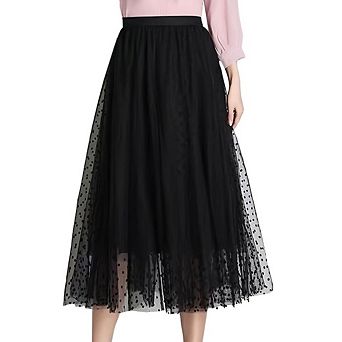 Women's High Waist Tulle Midi Skirt Polka Dot Print A-Line Flare Flowy for Casual Party Wear
