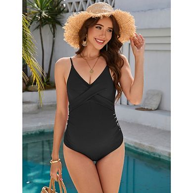 Women's One Piece Swimsuit Tummy Control Front Cross Bathing Suits Tie Back Slimming V Neck Swimwear