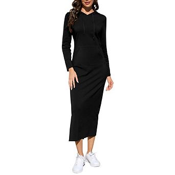 Women's Casual Long Sleeve Slim Pullover Maxi Hoodie Dress Sweatshirt Long Dresses