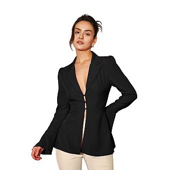 Women's Blazer With Flared Sleeves Deep V-Neck Cinched Waist Elegant Stretchy Jacket