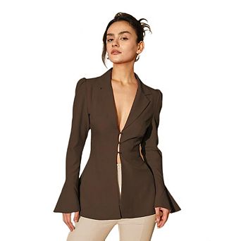 Women's Blazer With Flared Sleeves Deep V-Neck Cinched Waist Elegant Stretchy Jacket