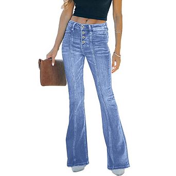 Women's High Waisted Jeans Wide Leg Button Fly Bell Bottoms Flared Zimbaplatinum Denim Pants
