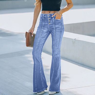 Women's High Waisted Jeans Wide Leg Button Fly Bell Bottoms Flared Zimbaplatinum Denim Pants