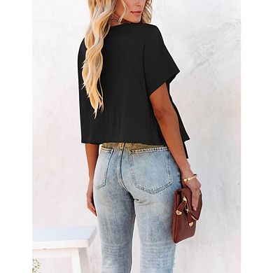 Women's Short Sleeve V Neck Blouses Ruffle Hem Tie Front Crop Tops Lightweight Basic Summer Tops