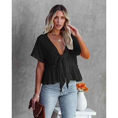 Women's Short Sleeve V Neck Blouses Ruffle Hem Tie Front Crop Tops Lightweight Basic Summer Tops