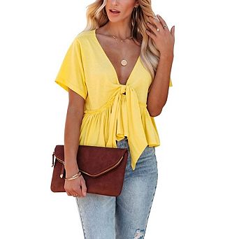 Women's Short Sleeve V Neck Blouses Ruffle Hem Tie Front Crop Tops Lightweight Basic Summer Tops