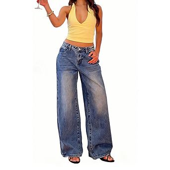 Women's Wide Leg Jeans Casual High Waist Y2k Washed Denim Heart Pocket Street Wear