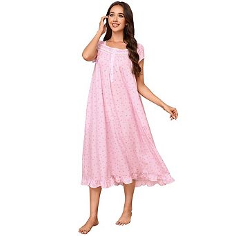 Women's Long Square Neck Lace Loungewear Ruffled Print Lace Short Sleeve Nightgown with Pockets