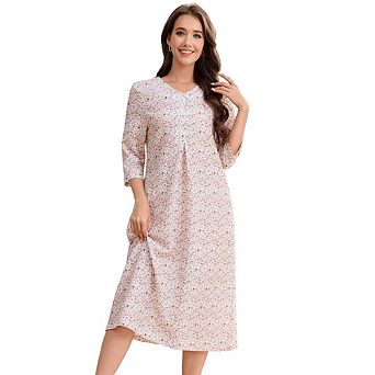 Women's Plaid Print Long Nightgown V-Neck Three-Quarter Sleeve Loose Fit Long Pajamas