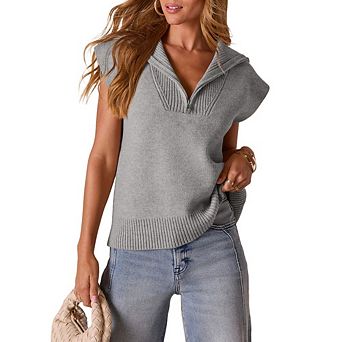 Women Sweater Vest Casual V Neck With Zipper Sleeveless Knit Cardigan Vest Tank Tops