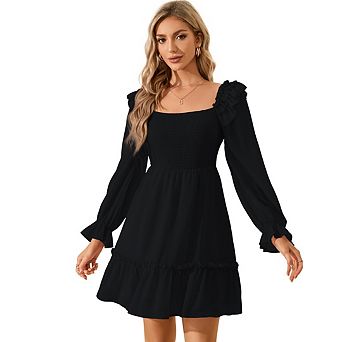Women's Lantern Long Sleeve Dress Square Neck Ruffle Dress Shirred Flowy Party Mini Dress