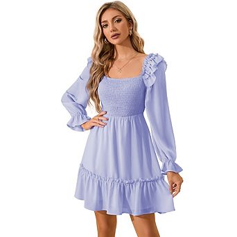 Women's Lantern Long Sleeve Dress Square Neck Ruffle Dress Shirred Flowy Party Mini Dress
