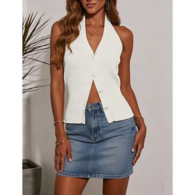 Women's Halter Knit Tank Top V Neck Sleeveless Backless Knit Top Vest