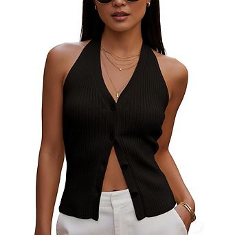 Women's Halter Knit Tank Top V Neck Sleeveless Backless Knit Top Vest
