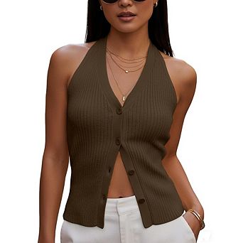 Women's Halter Knit Tank Top V Neck Sleeveless Backless Knit Top Vest