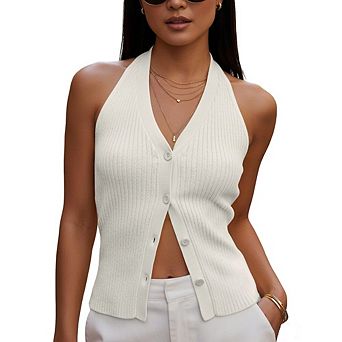 Women's Halter Knit Tank Top V Neck Sleeveless Backless Knit Top Vest