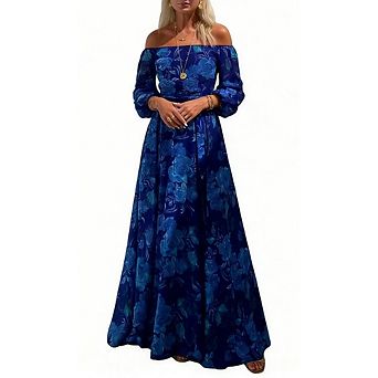 Womens Off-The-Shoulder Maxi Dress Floral Tie Waist Puff Long Sleeve Flowy for Casual Vacation Wear