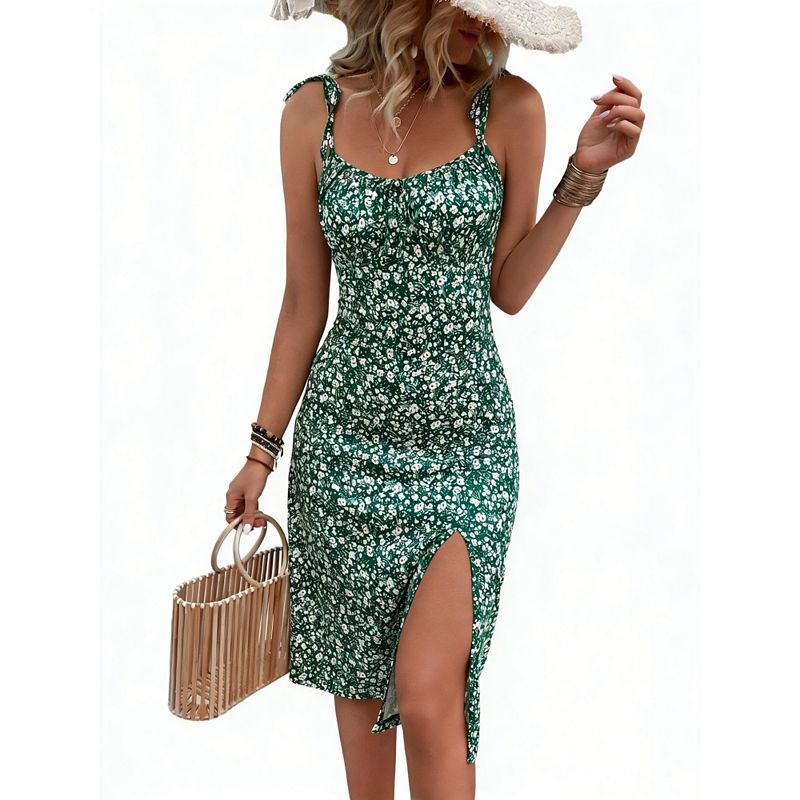 floral midi bodycon dress for women Womens Tie Spaghetti Straps High Slit Vacation Beach Summer Sundress adhesive bra