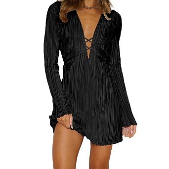 Women's Mini Deep V-Neck Flared Sleeve Dress A-line Fitted Tie Waist Flowy Dress