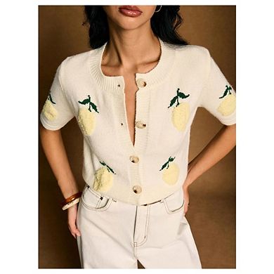 Women's Lemon Embroidery Lightweight T Shirts Short Sleeve Button Down Knitwear Tops